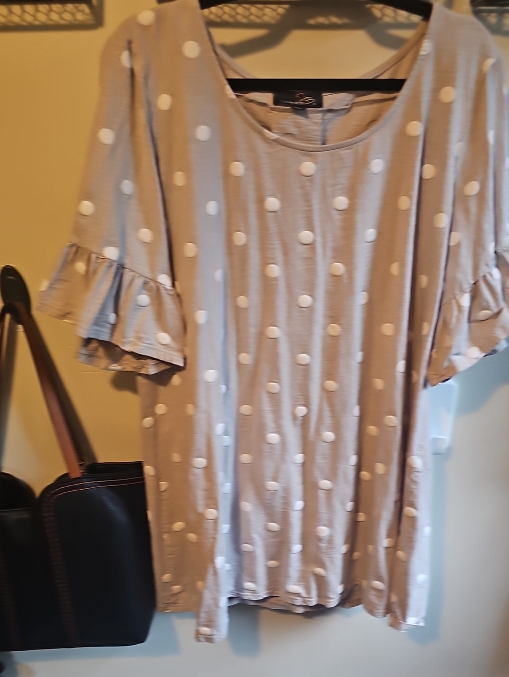 Suzanne Betro Taupe Polka Dot Ruffle Sleeve Dress